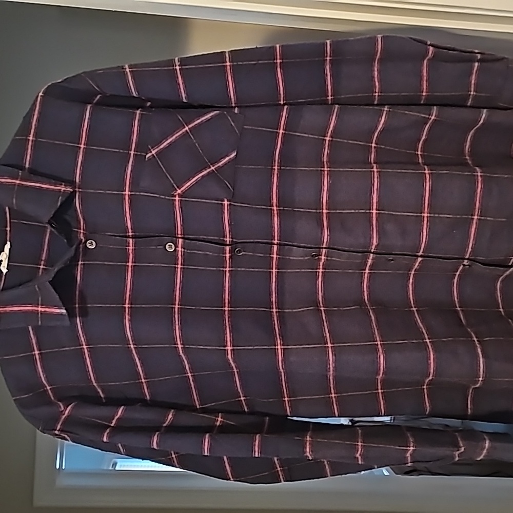 La Miel, 2 tone button-down plaid long sleeve; blue/ navy/ red; size large